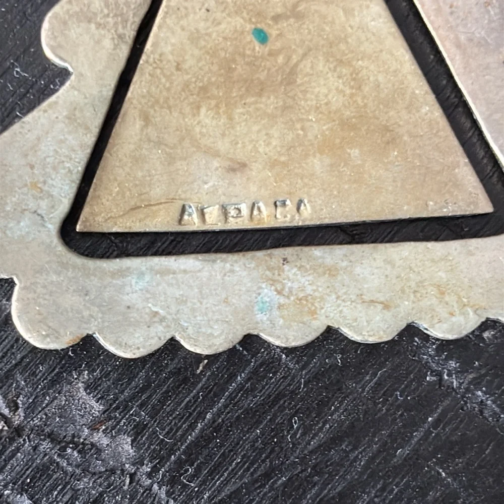 Signed Vintage Alpaca Silver Tone and Blue Triangle Pendant Geometric 3D - Picture 4 of 6